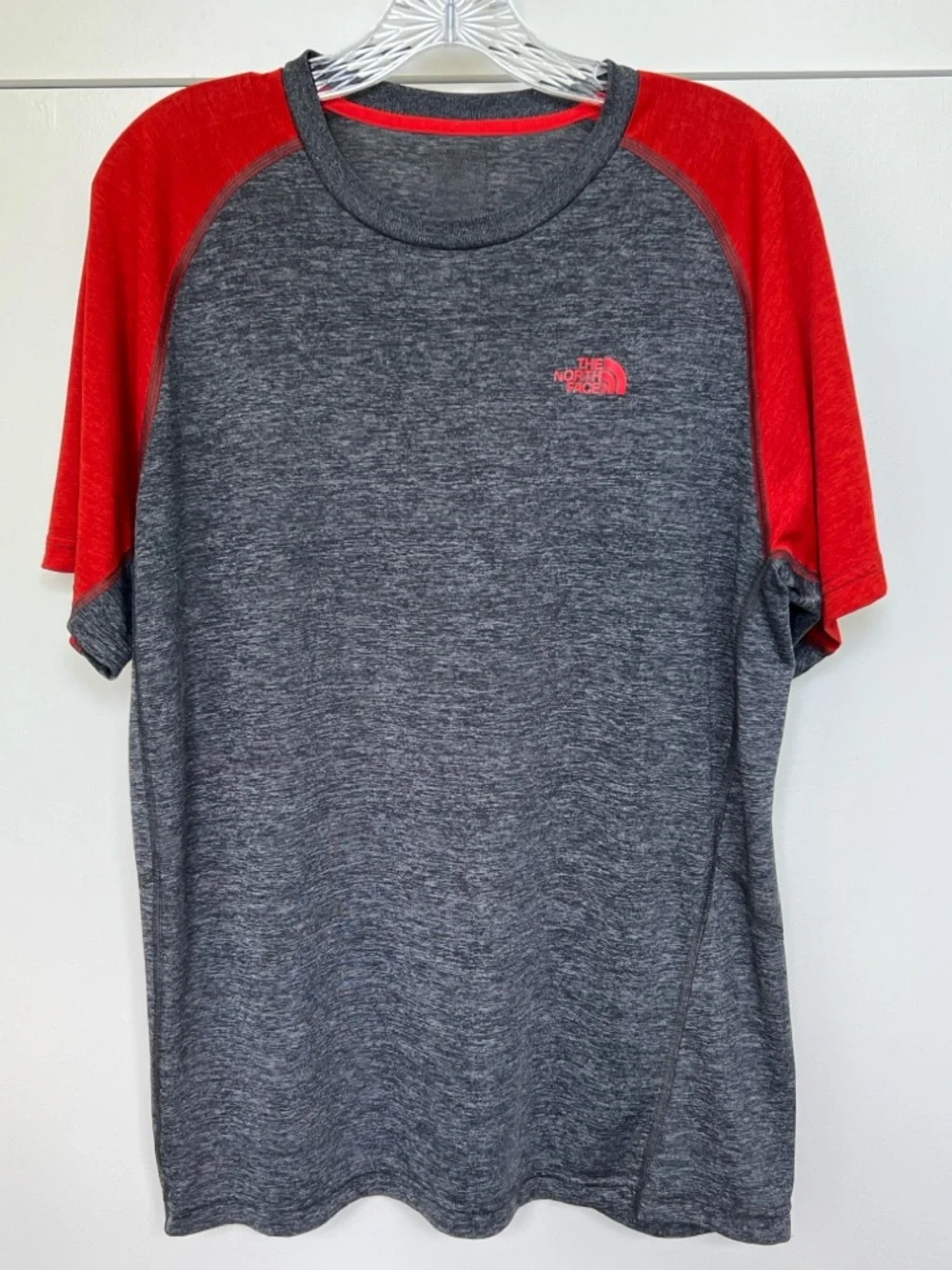 The North Face Men’s Short-Sleeve Tee Shirt — Gray Body with Red Sleeves